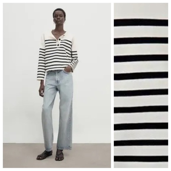NWT. Massimo Dutti Cream/Back Cotton Henley Neck Striped Knit Sweater. Size M. - Picture 1 of 12